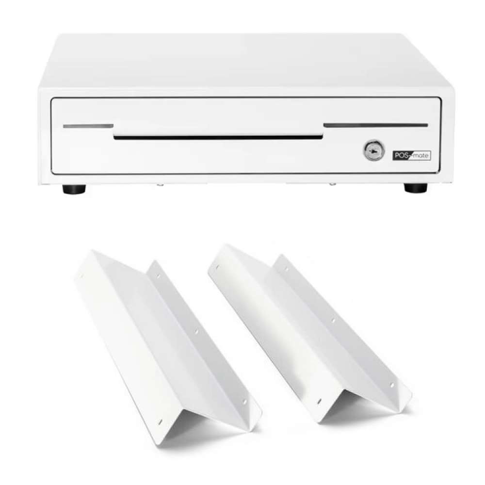 POS-Mate Cash Drawer with Under Counter Bracket Bundle White