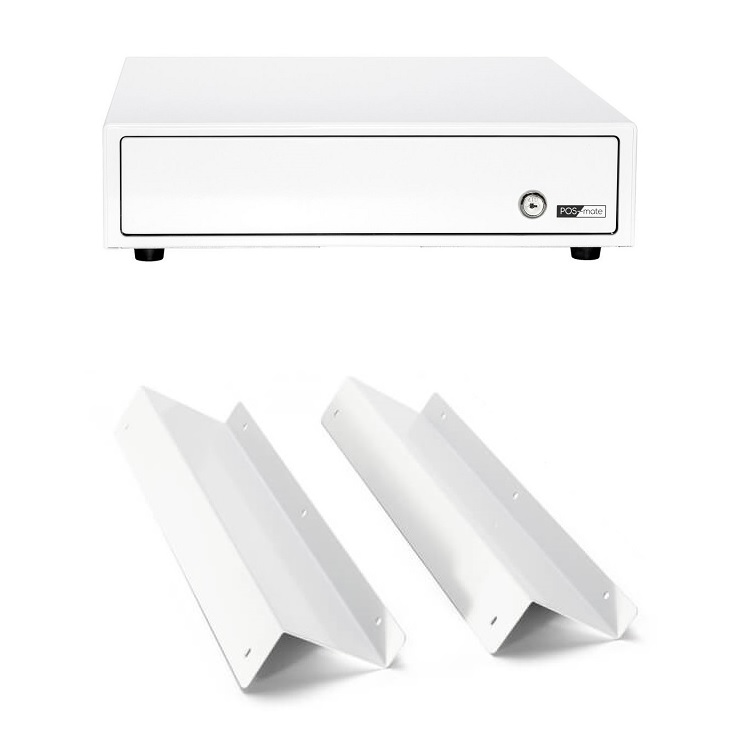 POS-Mate Manual Cash Drawer with Under Counter Bracket Bundle White