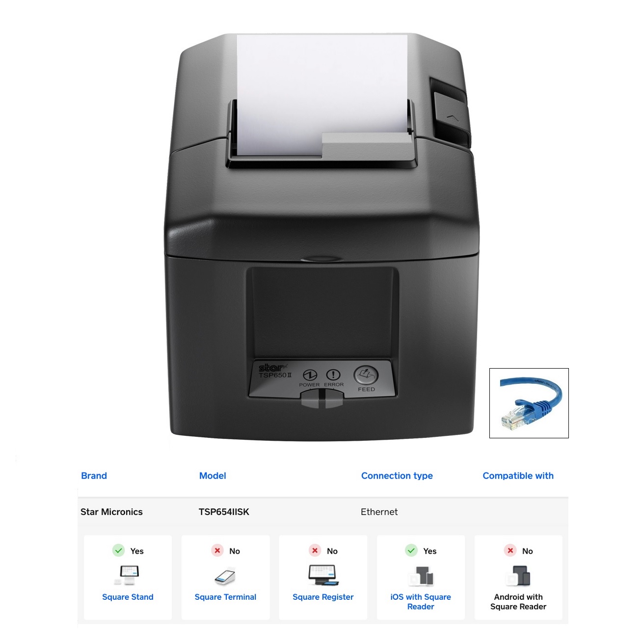 Square Compatible Star TSP654SKII Sticky Label Printer with Ethernet Interface