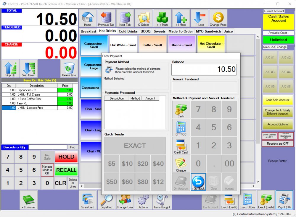 Control Pro Point n Sell Payment Screen