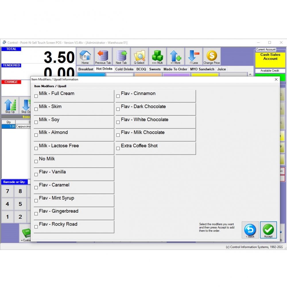 Control Pro Point n Sell Modifer Screen