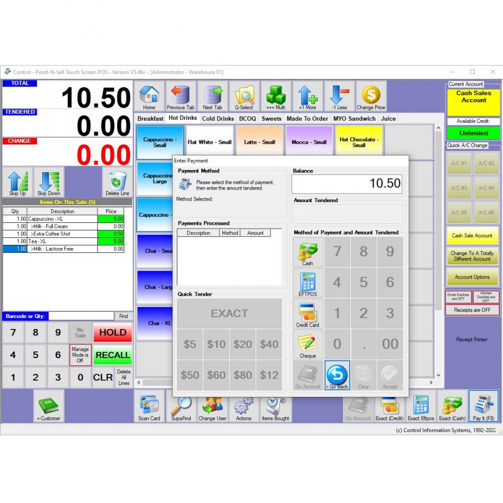 Control Pro Point n Sell Payment Screen